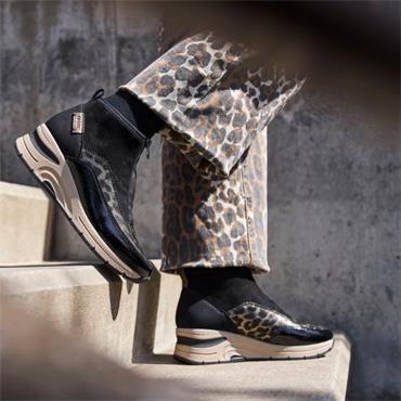 Rieker Front Zip Wedge Ankle Boot - Black Leopard
